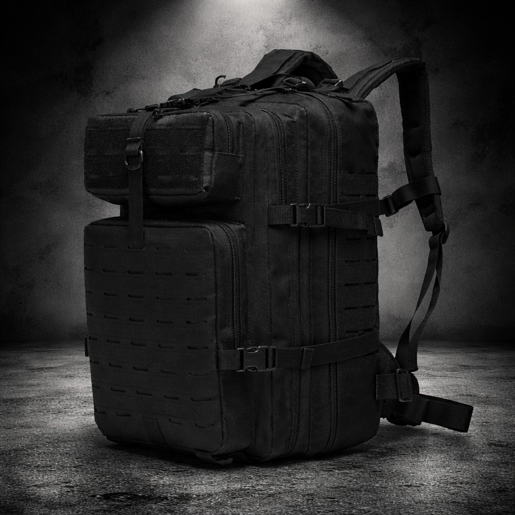 black tactical backpack with molle webbing multiple compartments